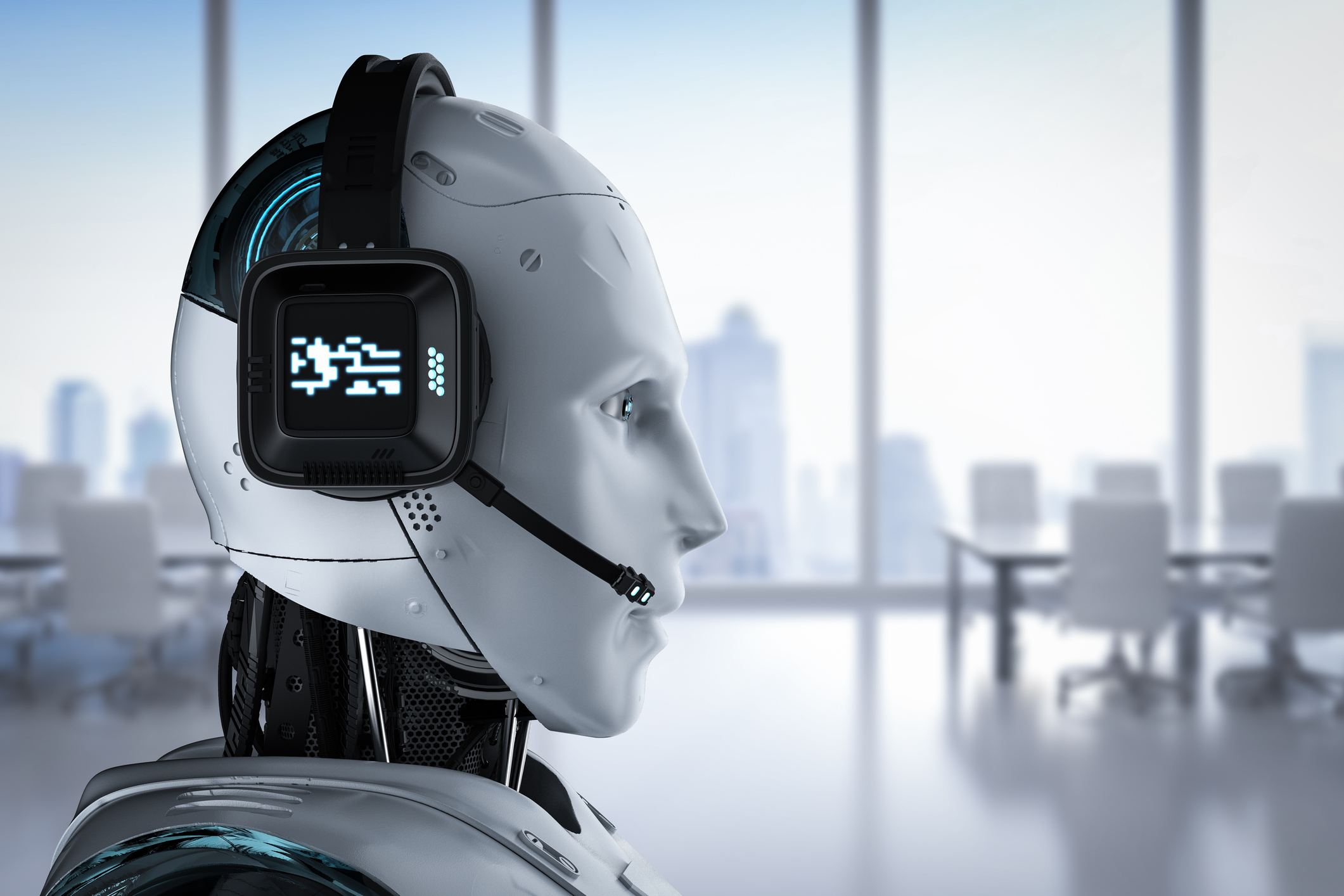 AI robot wearing a call center headset in an office
