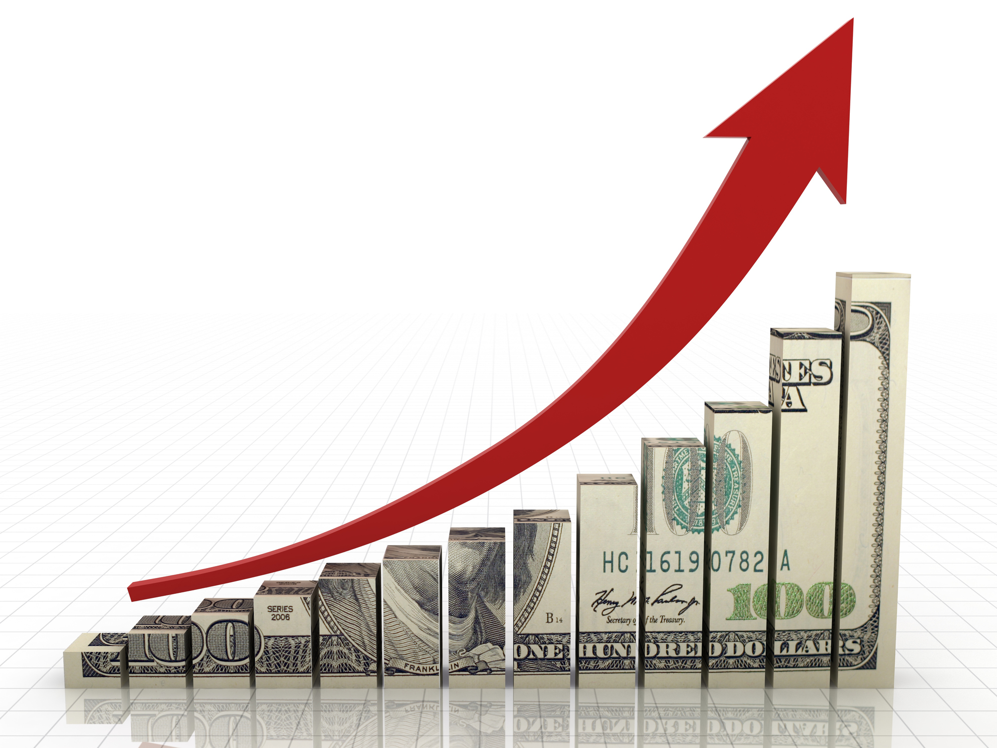 Chart of dollar bills with a rising red arrow showing ad costs climbing