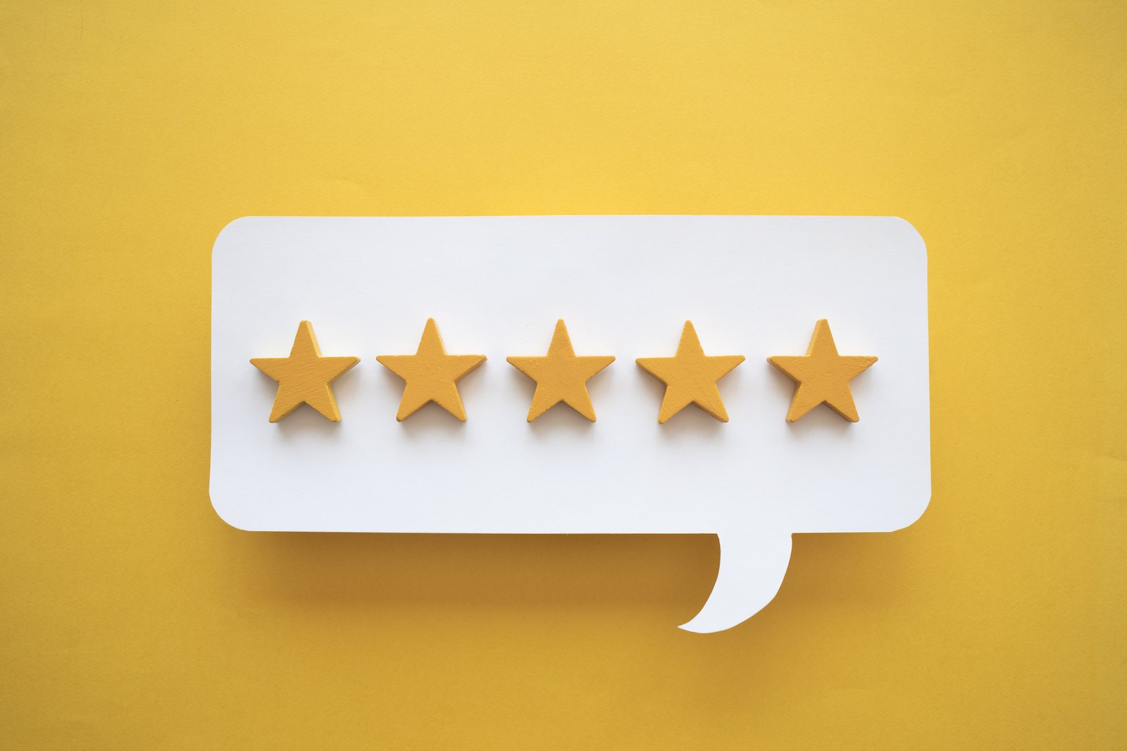 Five star customer review speech bubble on yellow background