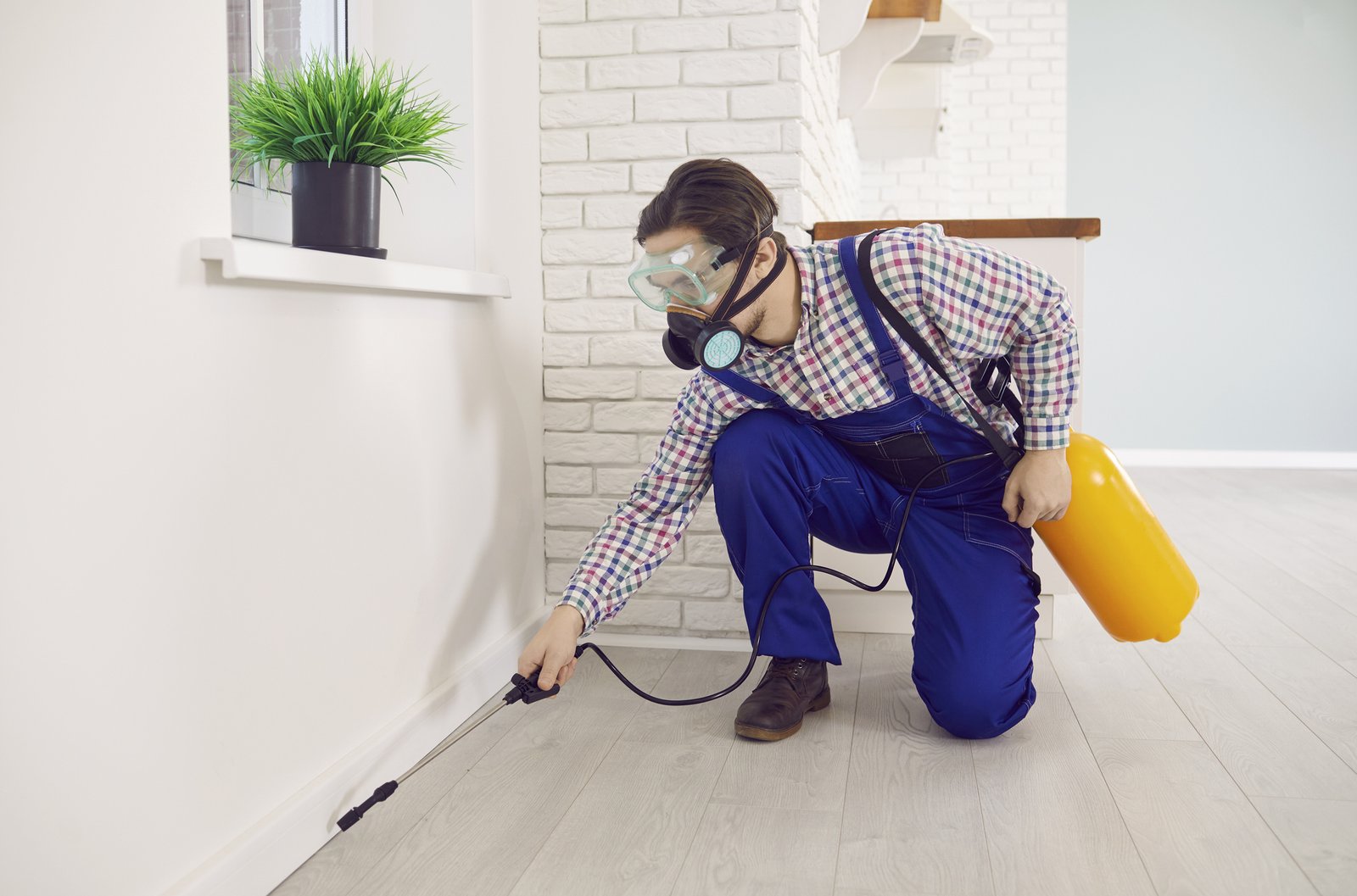 Pest control technician in a respirator spraying along a baseboard inside a home