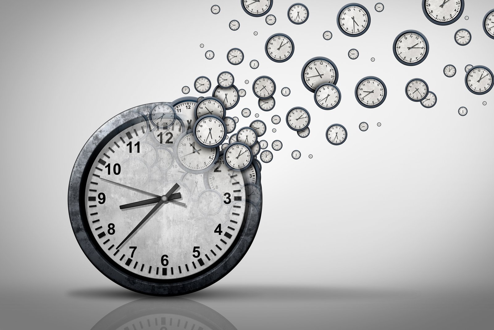 Clock dissolving into many smaller clocks, a metaphor for scheduling automation
